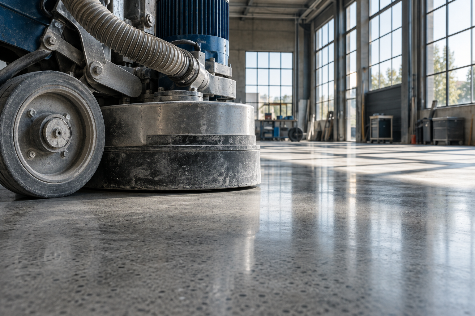 Conceptbeeld van een vloerschuurmachine op een betonnen werkvloer